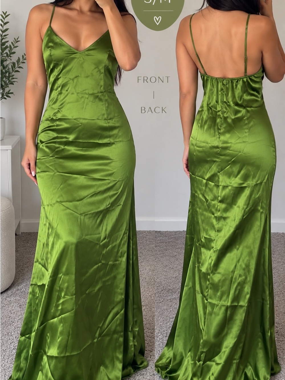Satin Slip Maxi Dress - Olive Green